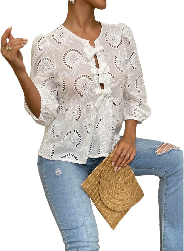 Women's Lace 3/4 Length Puff Sleeve Peplum Tops (Buy 2 Free Shipping)