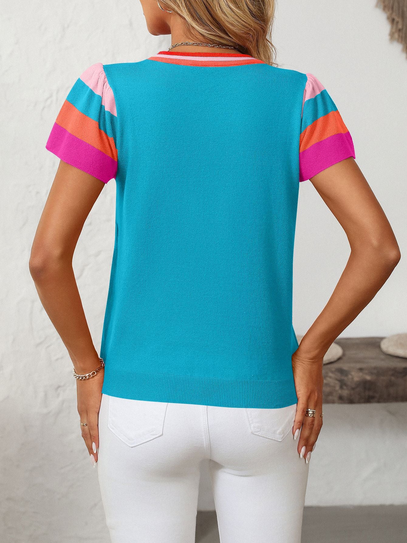 Women's Crew-neck Knitted Top Color Sweet Short-sleeved Sweater(Buy 2 Free Shipping)