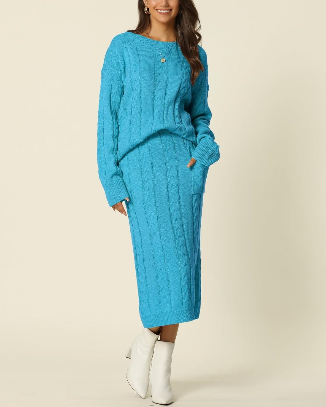 Women's Crew Neck Sweater And Midi Skirt With Pockets Set (Buy 2 Free Shipping)