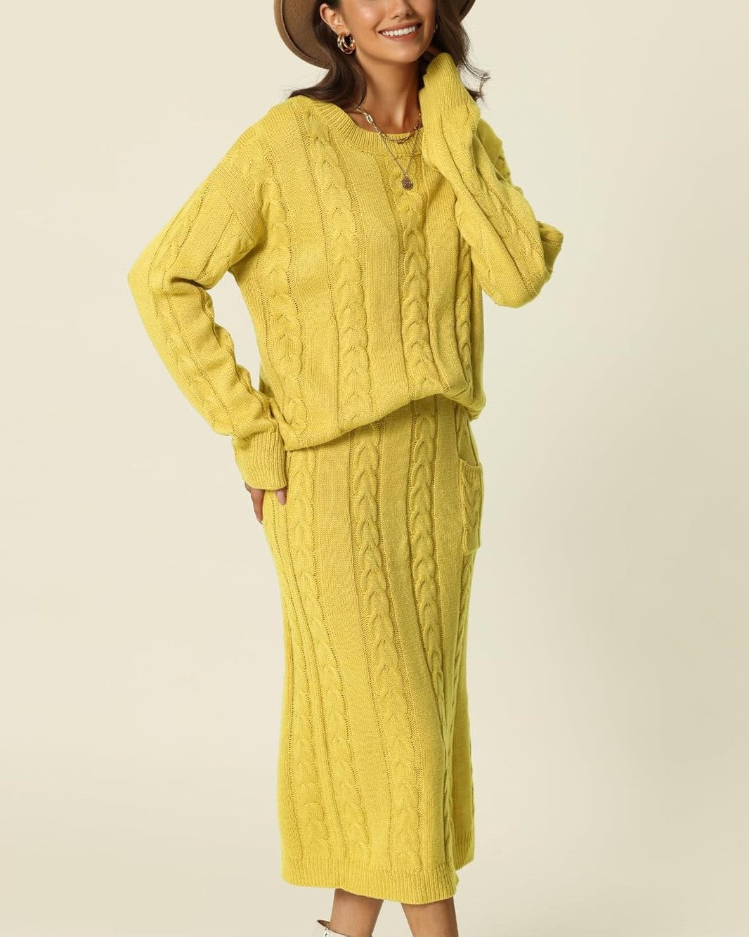 Women's Crew Neck Sweater And Midi Skirt With Pockets Set (Buy 2 Free Shipping)