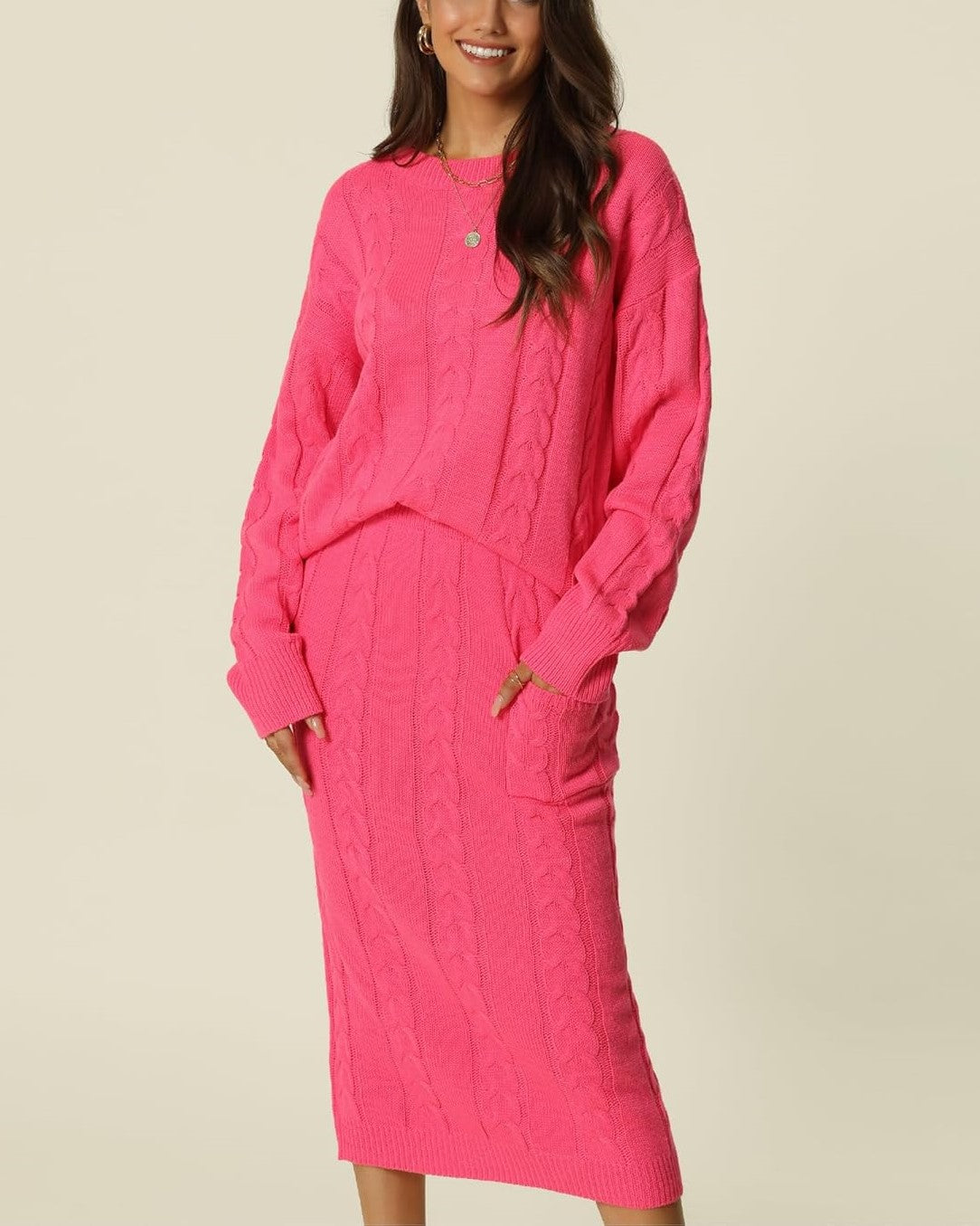 Women's Crew Neck Sweater And Midi Skirt With Pockets Set (Buy 2 Free Shipping)
