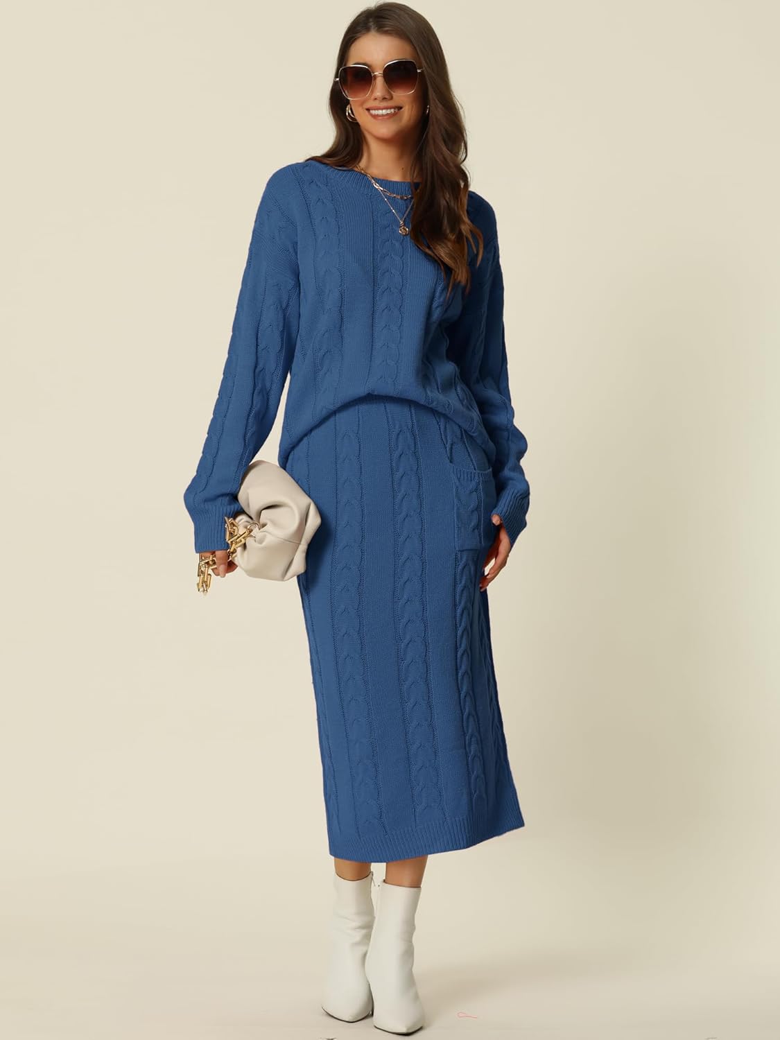 Women's Crew Neck Sweater And Midi Skirt With Pockets Set (Buy 2 Free Shipping)