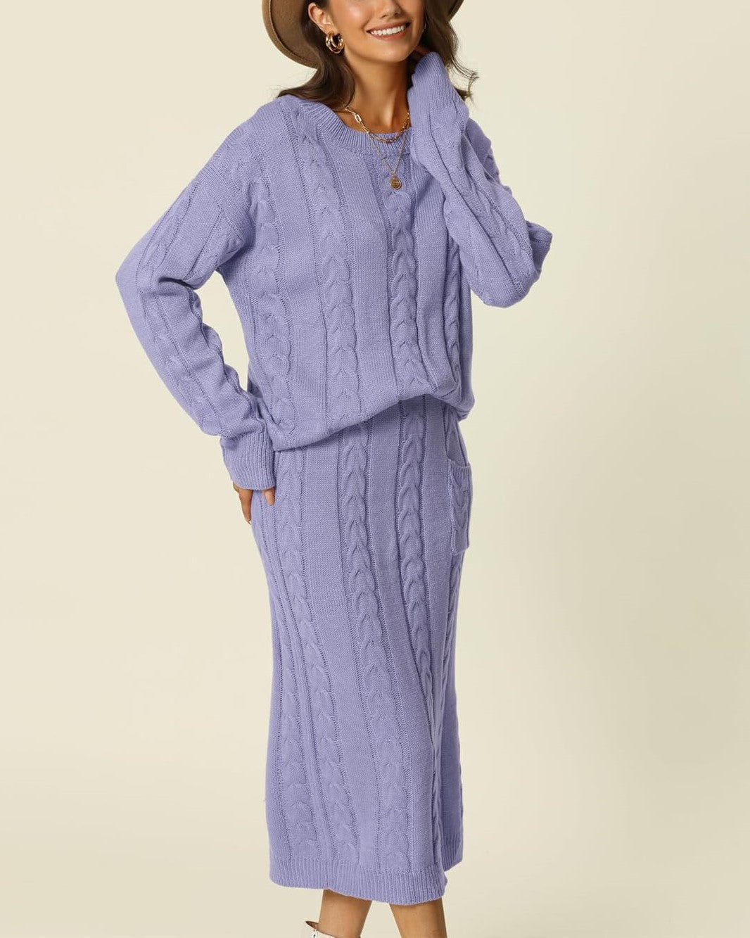 Women's Crew Neck Sweater And Midi Skirt With Pockets Set (Buy 2 Free Shipping)