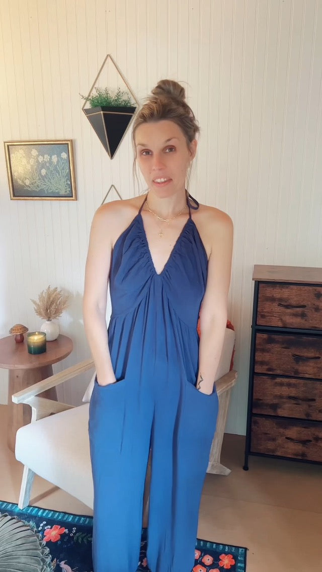 PinkLaura 2025 New Deep V-Neck Halterneck Pleated Cuffed Jumpsuit With Pockets (Buy 2 Free Shipping)