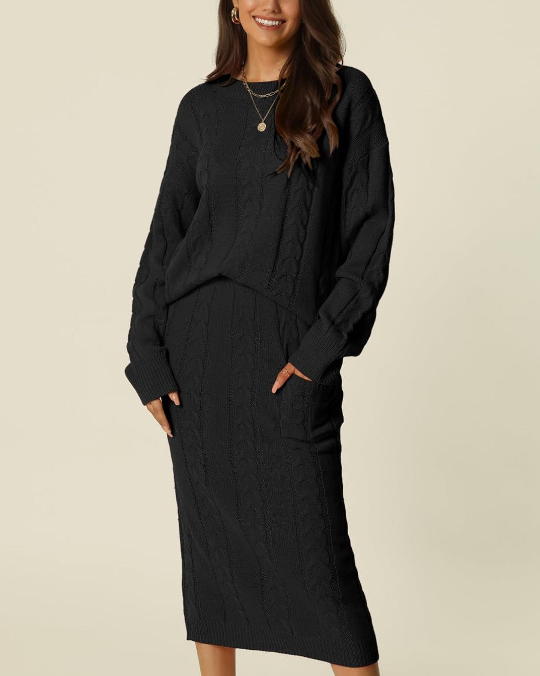 Women's Crew Neck Sweater And Midi Skirt With Pockets Set (Buy 2 Free Shipping)