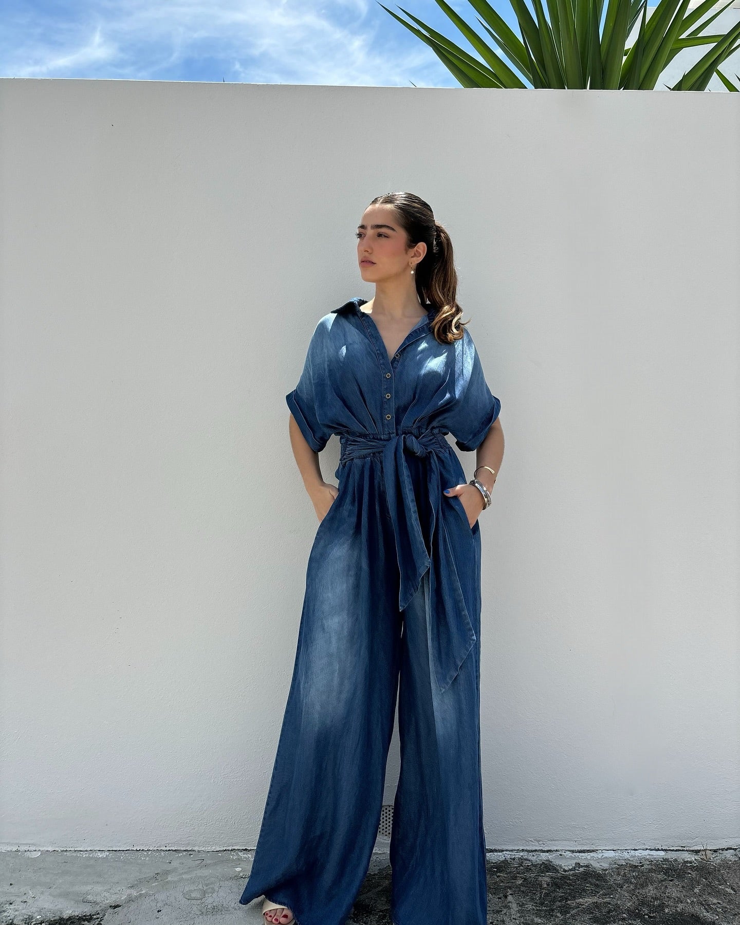 Casual Bat-Sleeve Tie-Waist Denim Wide-Leg Jumpsuit (Buy 2 Free Shipping)