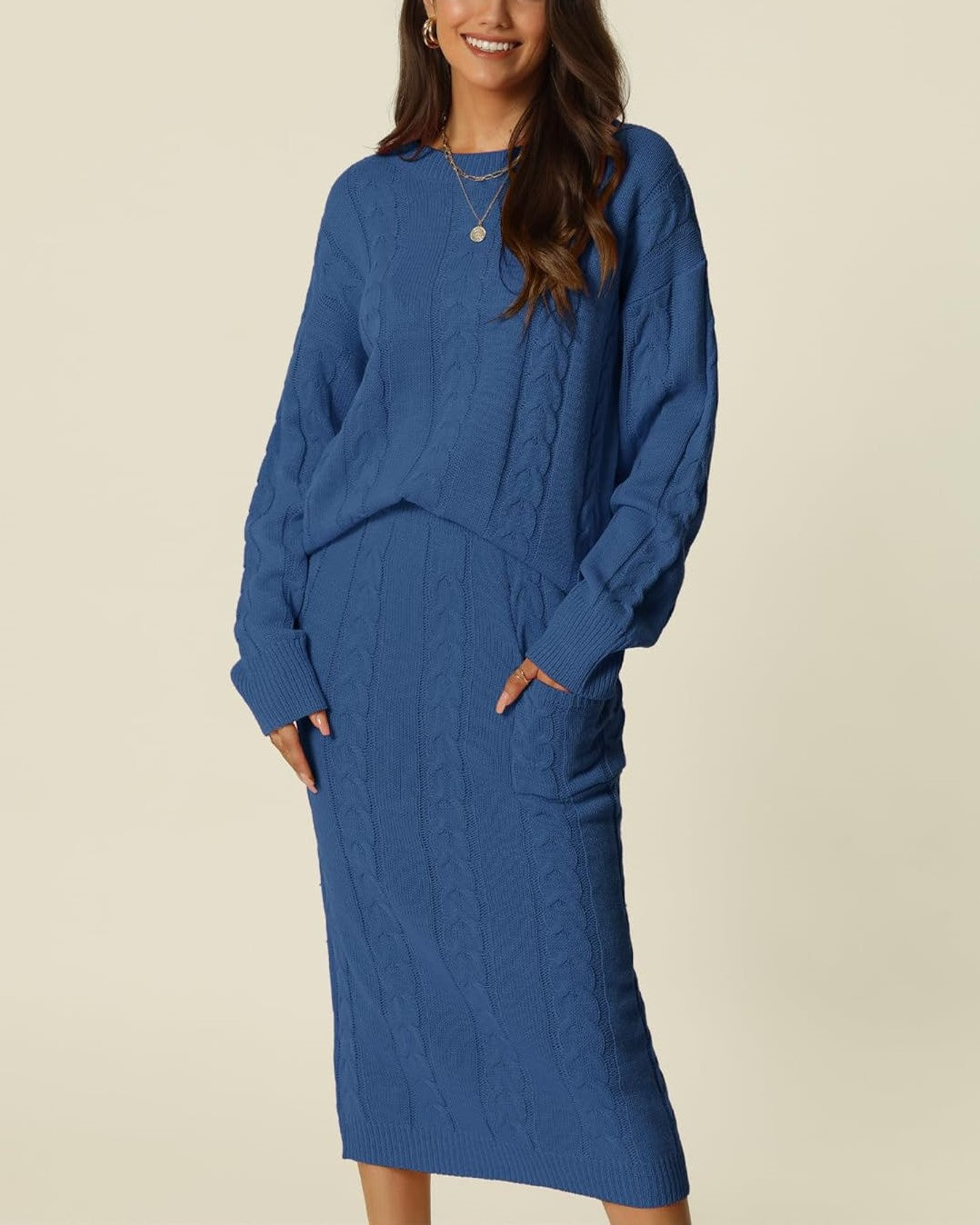 Women's Crew Neck Sweater And Midi Skirt With Pockets Set (Buy 2 Free Shipping)