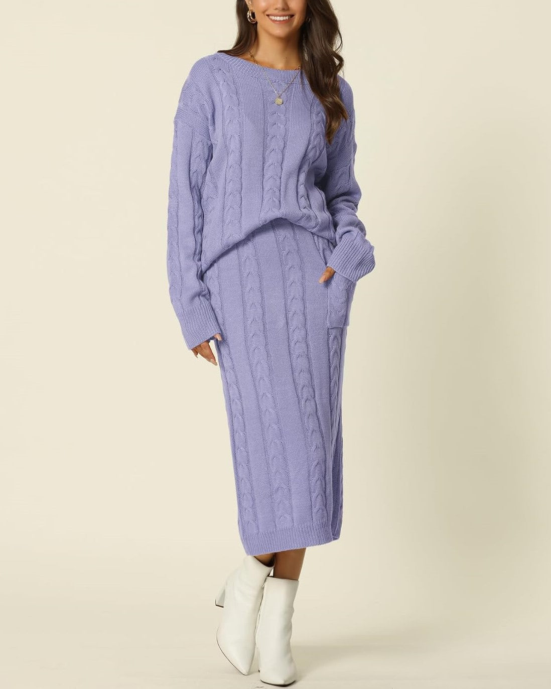 Women's Crew Neck Sweater And Midi Skirt With Pockets Set (Buy 2 Free Shipping)