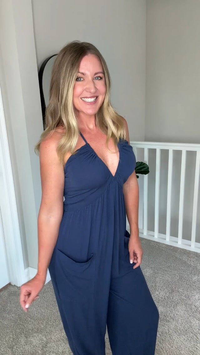 PinkLaura 2025 New Deep V-Neck Halterneck Pleated Cuffed Jumpsuit With Pockets (Buy 2 Free Shipping)