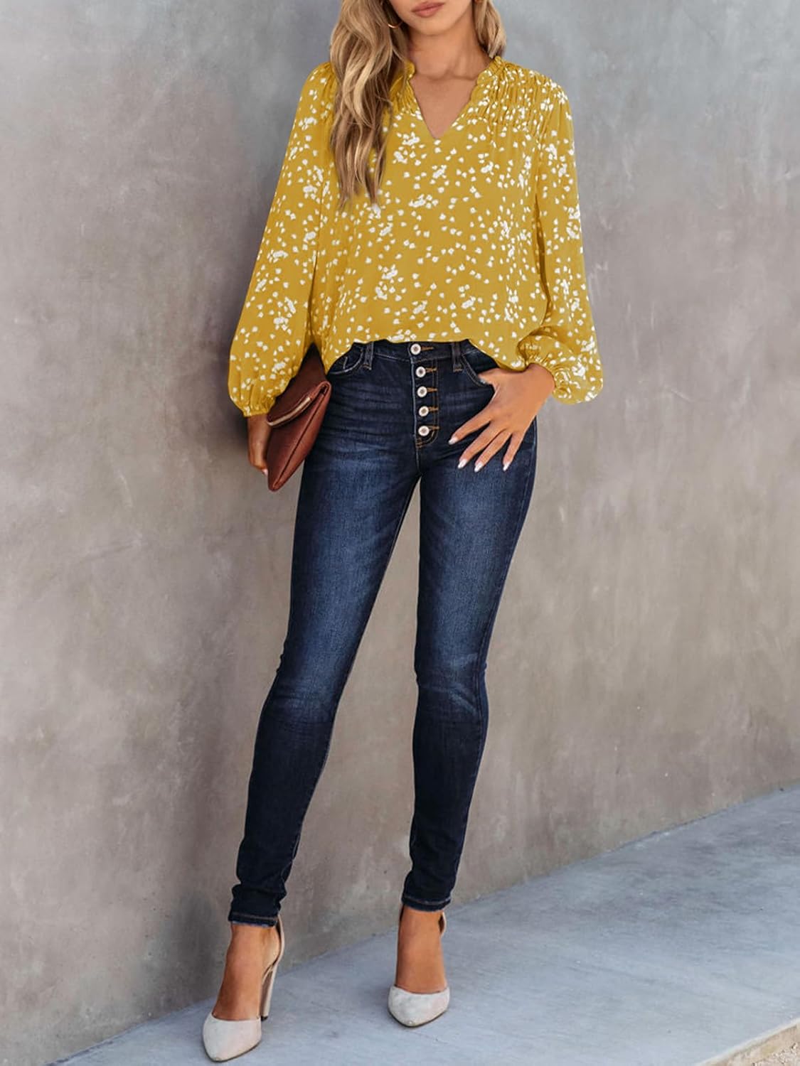 Relaxed V-Neck Floral Print Pleated Long-Sleeved Chiffon Shirt (Buy 2 Free Shipping)