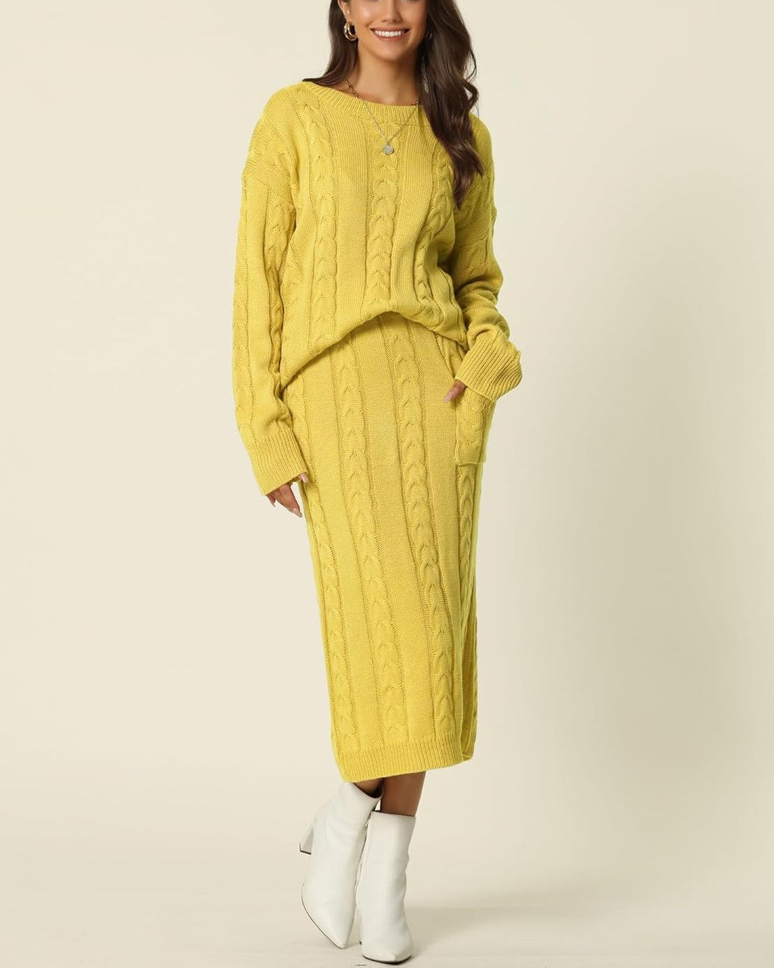 Women's Crew Neck Sweater And Midi Skirt With Pockets Set (Buy 2 Free Shipping)