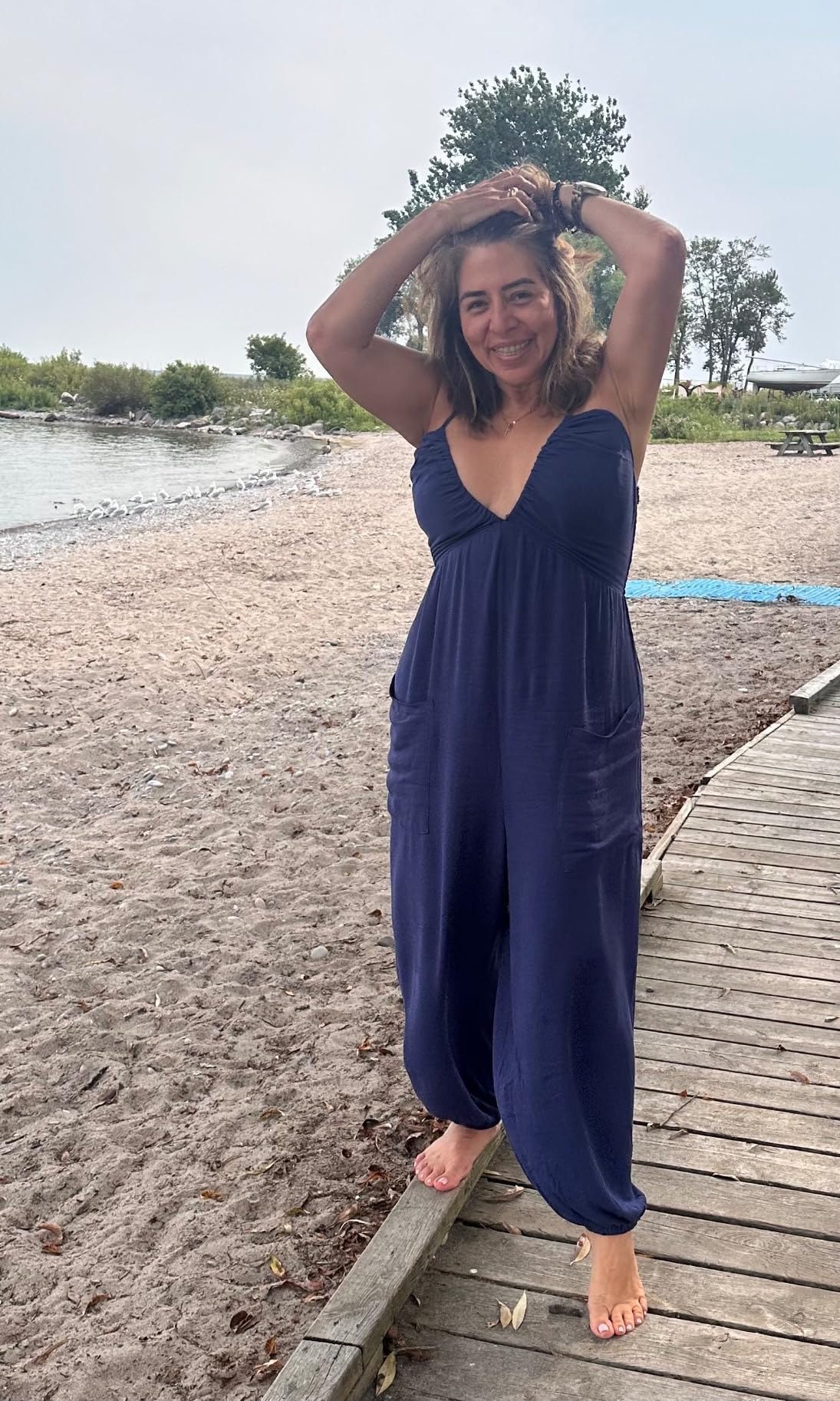 PinkLaura 2025 New Deep V-Neck Halterneck Pleated Cuffed Jumpsuit With Pockets (Buy 2 Free Shipping)