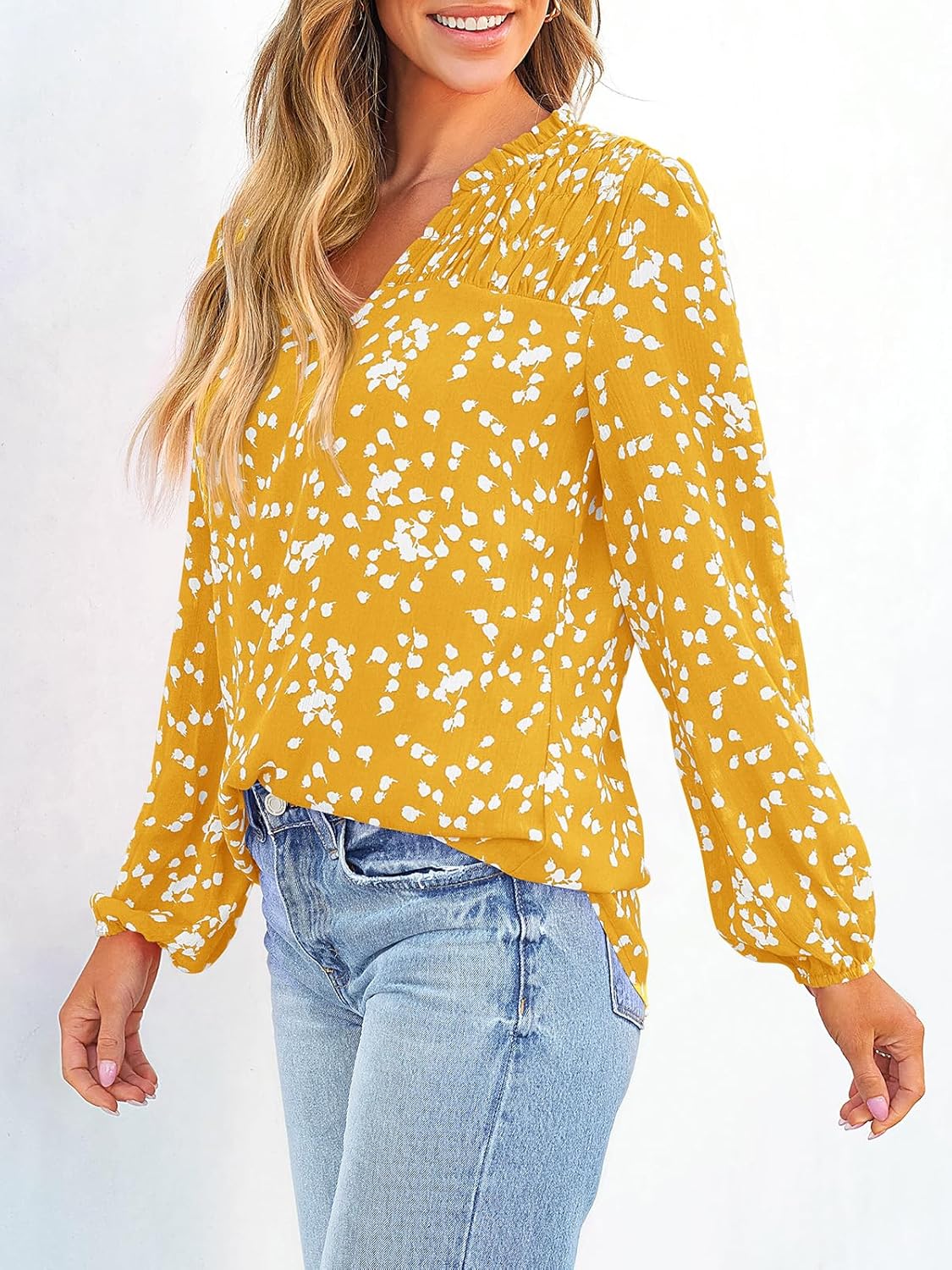 Relaxed V-Neck Floral Print Pleated Long-Sleeved Chiffon Shirt (Buy 2 Free Shipping)