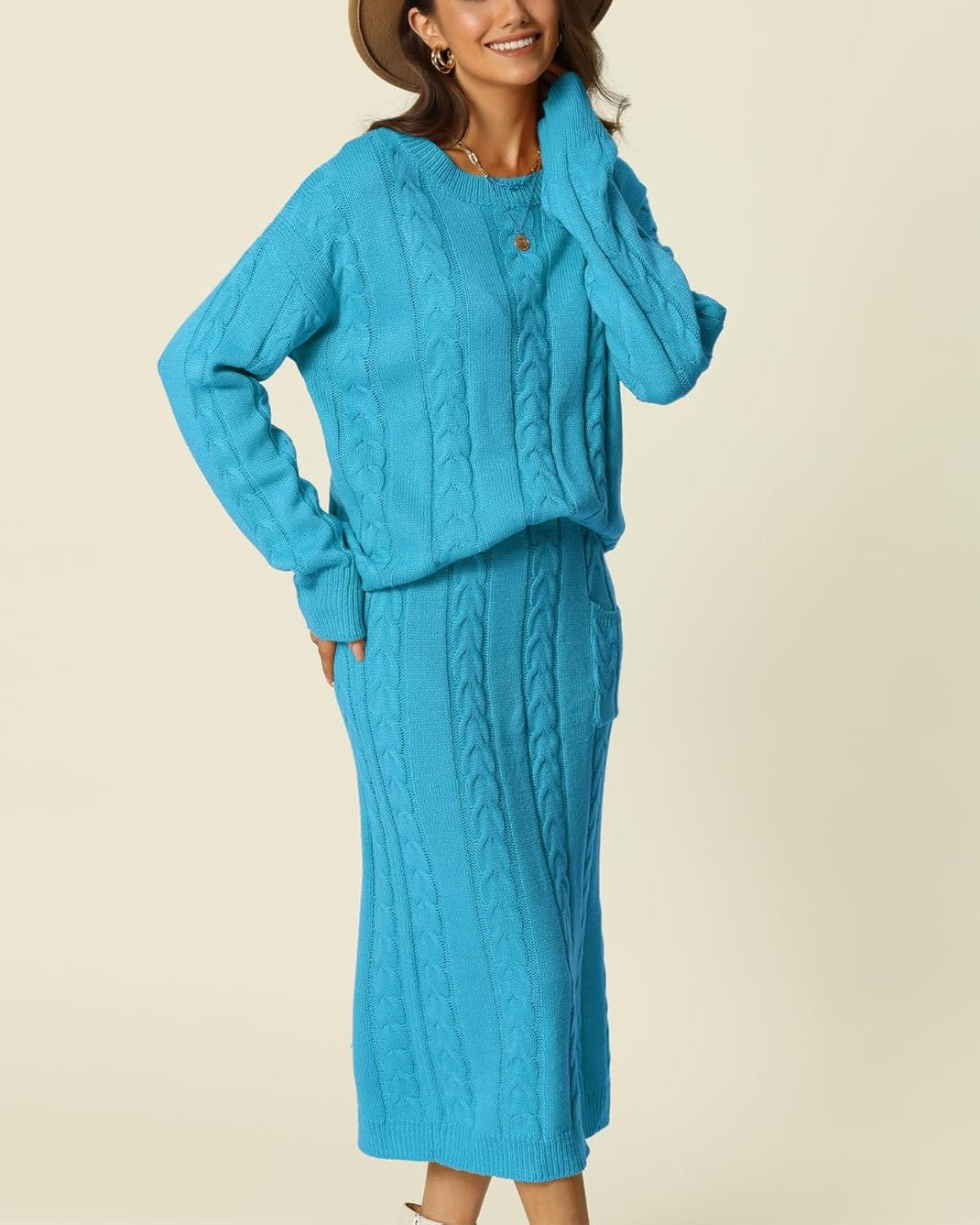 Women's Crew Neck Sweater And Midi Skirt With Pockets Set (Buy 2 Free Shipping)