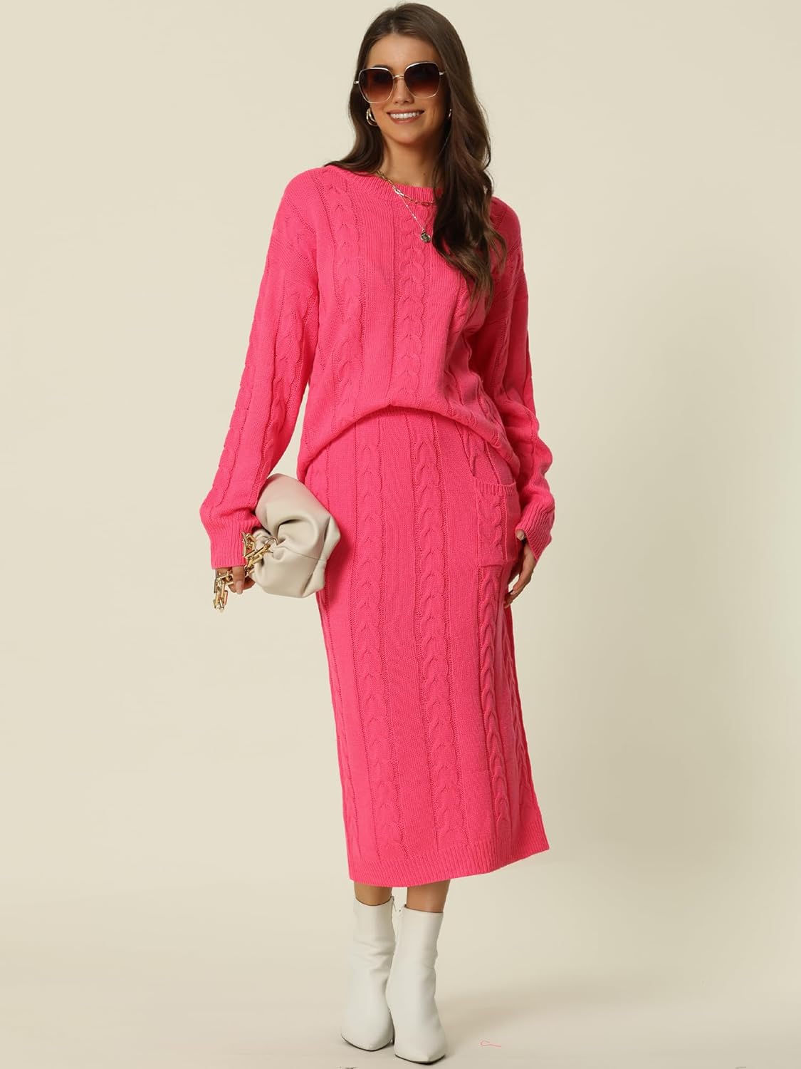 Women's Crew Neck Sweater And Midi Skirt With Pockets Set (Buy 2 Free Shipping)