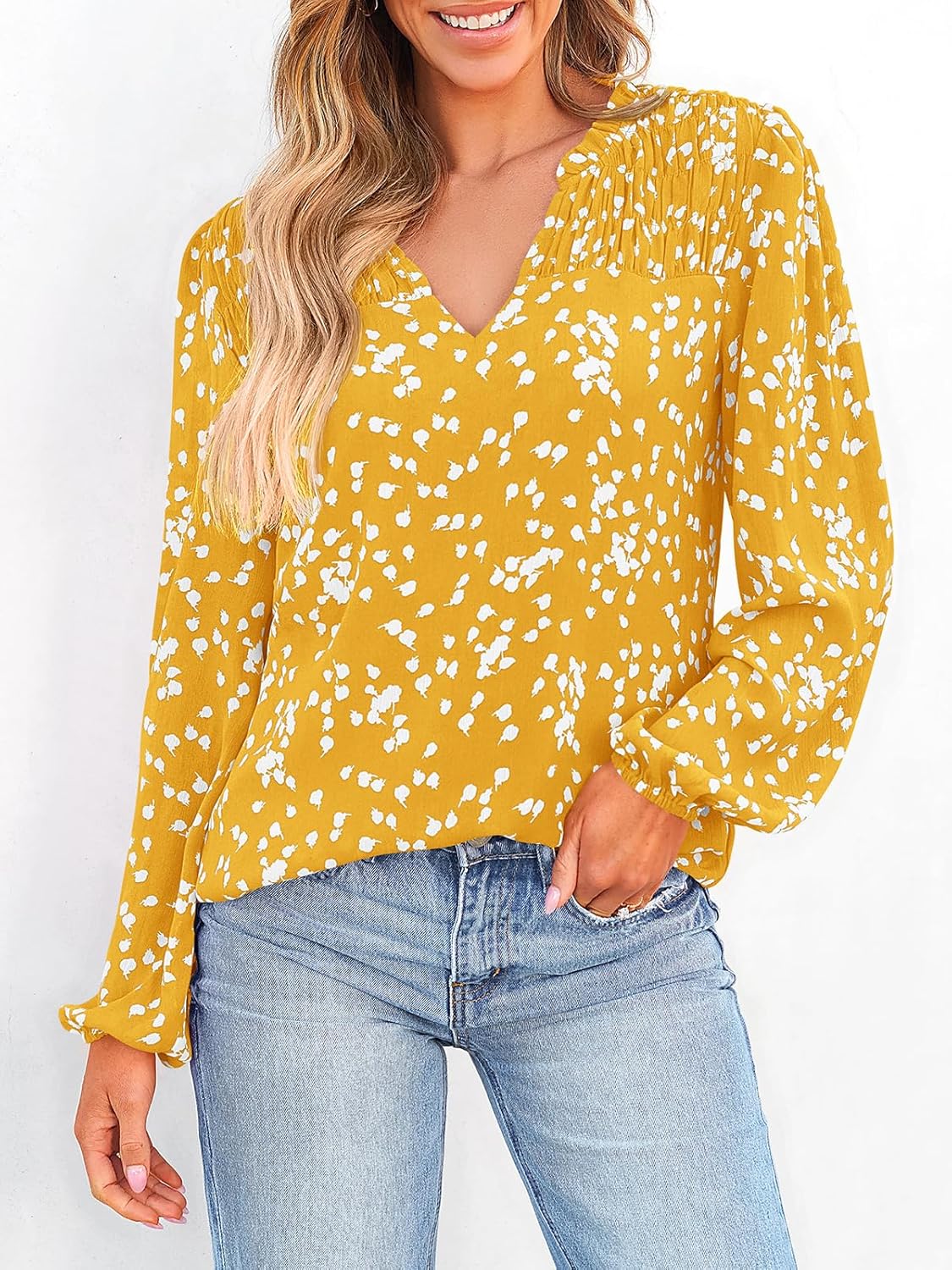 Relaxed V-Neck Floral Print Pleated Long-Sleeved Chiffon Shirt (Buy 2 Free Shipping)