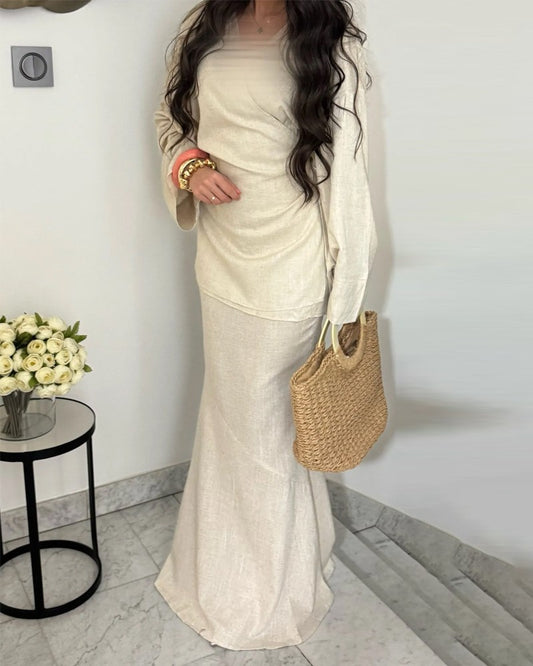 Elegant Cotton Linen Shirt & Skirt Two-Piece Set