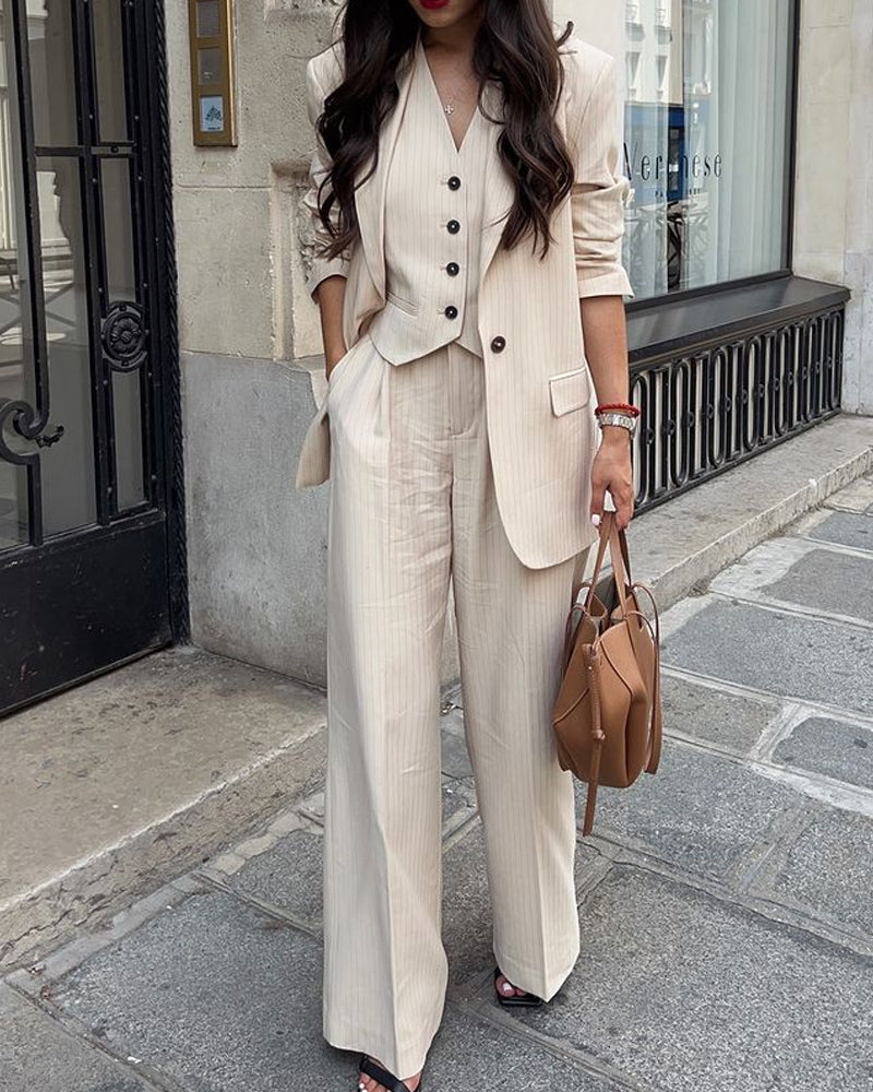 Casual Stripe Vest And Blazer Three-Piece Set