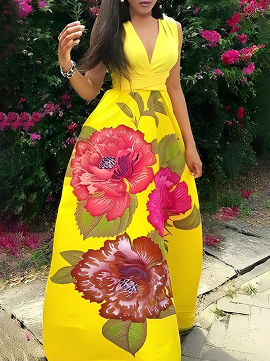 A-Line Sleeveless Flower Print Split-Joint V-Neck Maxi Dresses