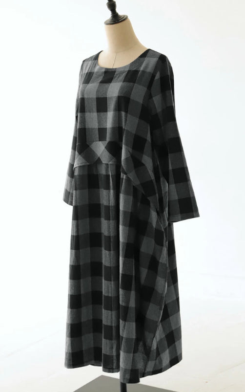 Vintage Plaid Long Sleeve Maxi Dress