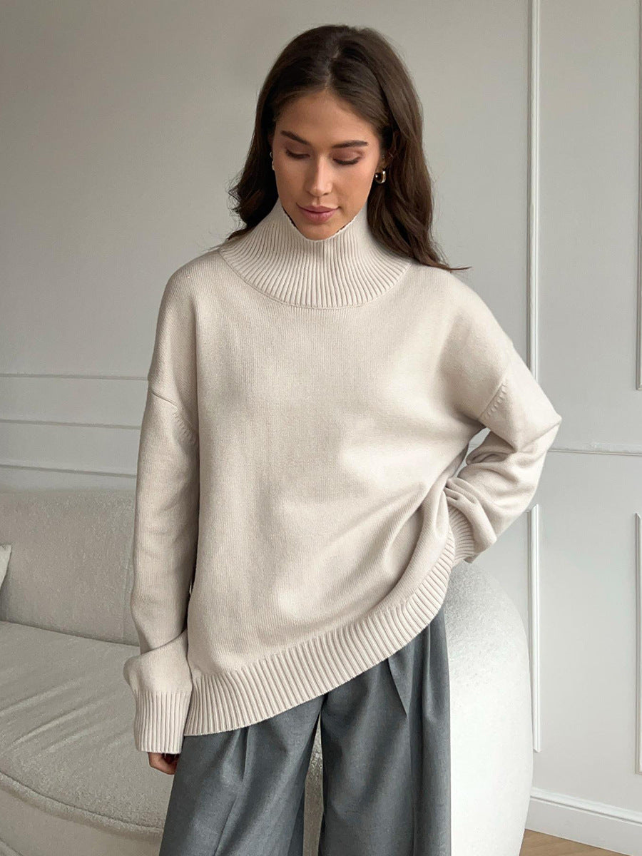 Autumn and Winter solid color simple loose high collar solid color knitted sweater for women