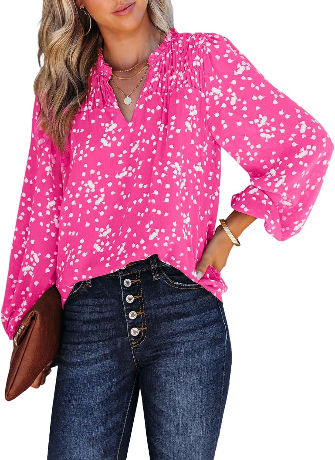Relaxed V-Neck Floral Print Pleated Long-Sleeved Chiffon Shirt (Buy 2 Free Shipping)