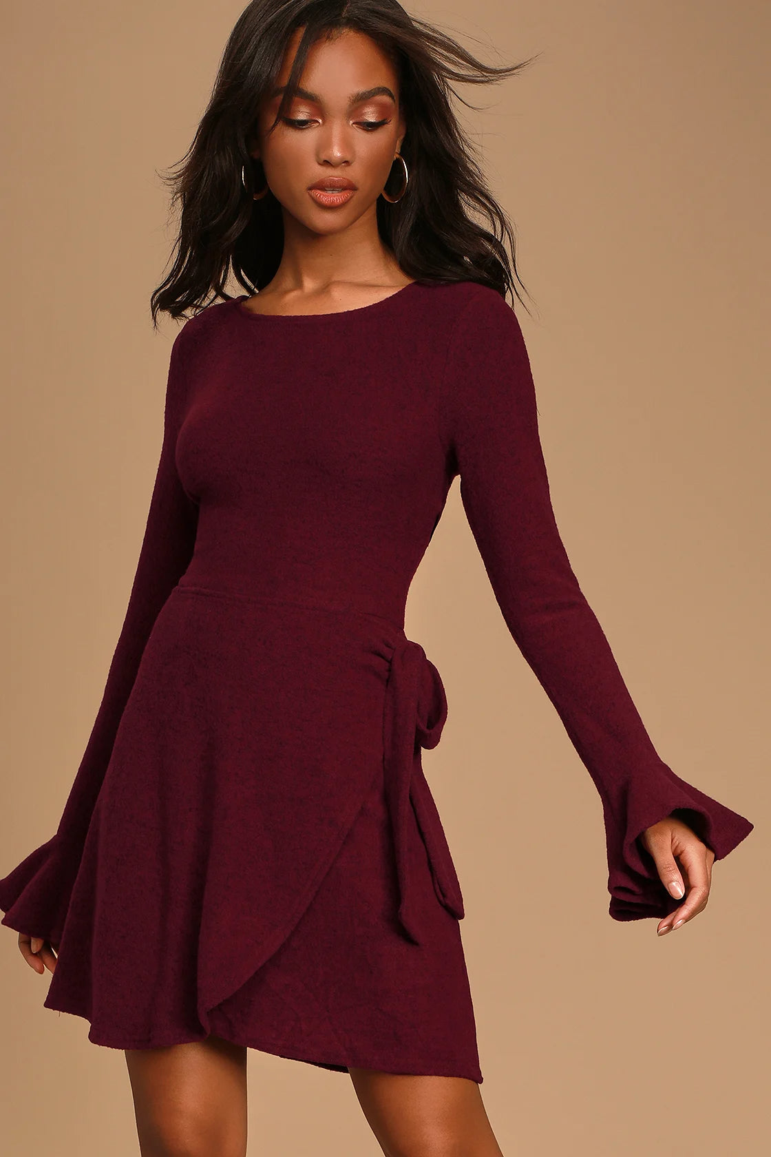 Women Burgundy Wrap Dress Sweater Flounce Sleeve Dress