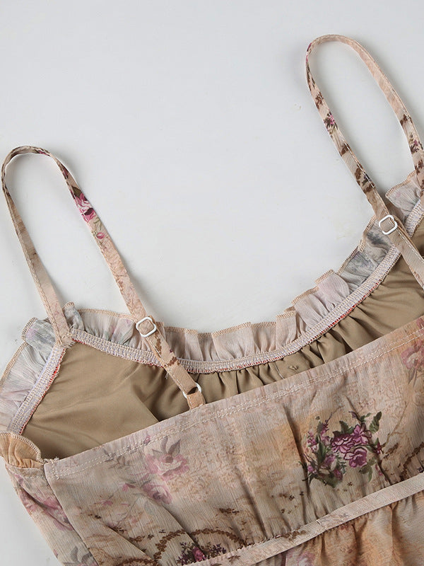 Loose Sleeveless Buttoned Contrast Color Flower Print Tied Spaghetti-Neck Vest Top