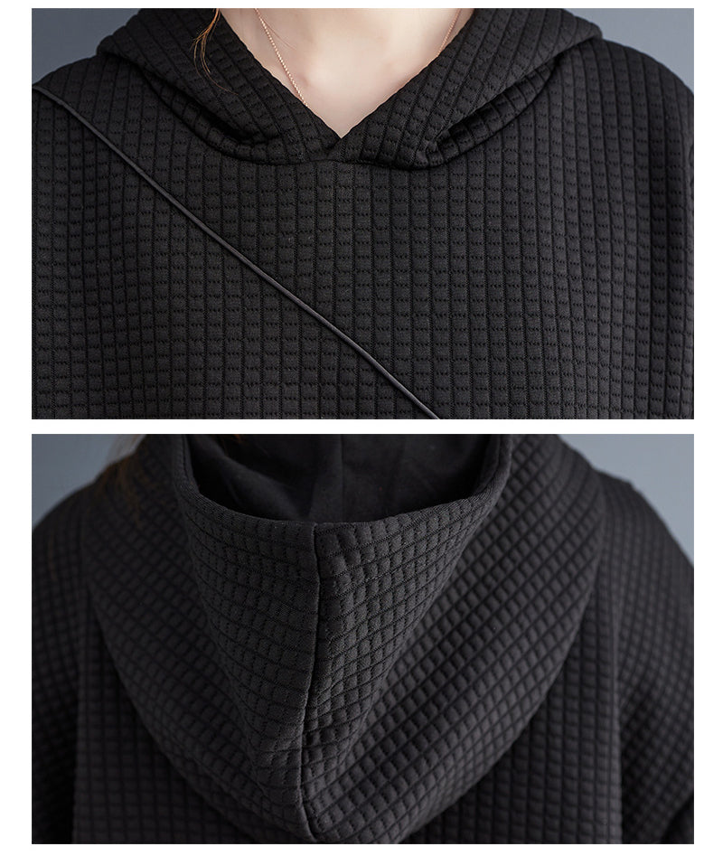 Loose Black Splicing Hooded Midi Dress