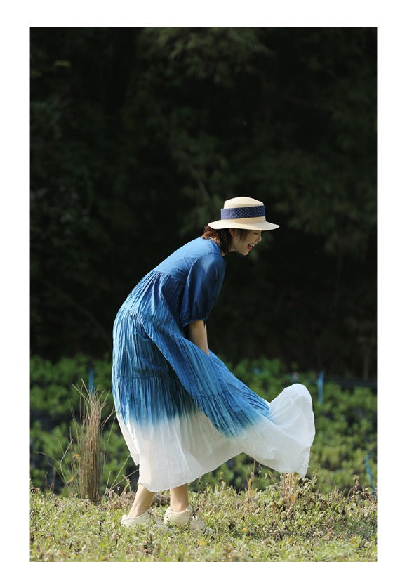 Literary Vintage Tie-Dye Gradual Loose Light Mulberry Silk Midi Dress