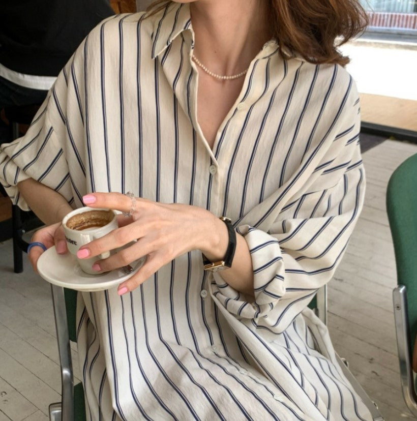 Chic Striped Mid-sleeve Maxi Dress