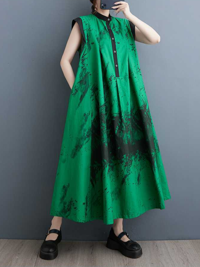 Colorblocked Ink Print Sleeveless A-Line Dress