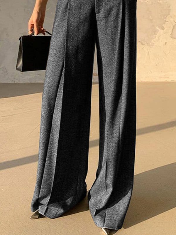 Loose Belted Solid Color Zipper Suit Pants Trousers