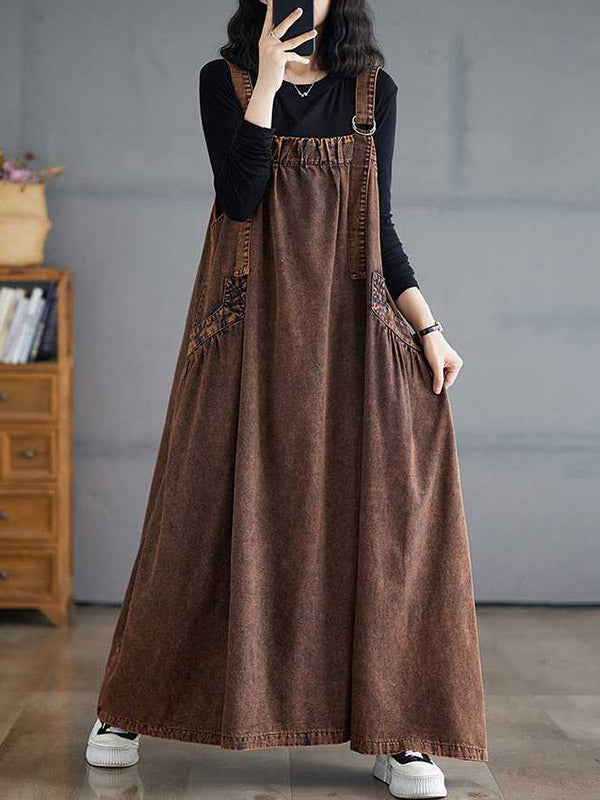 A-Line Loose Pleated Pockets Solid Color Split-Joint Spaghetti-Neck Suspender Dress