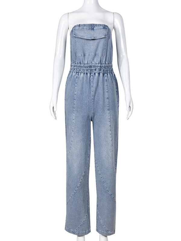 Sleeveless Straight Leg Elasticity Pleated Pockets Split-Joint Tube Jumpsuits