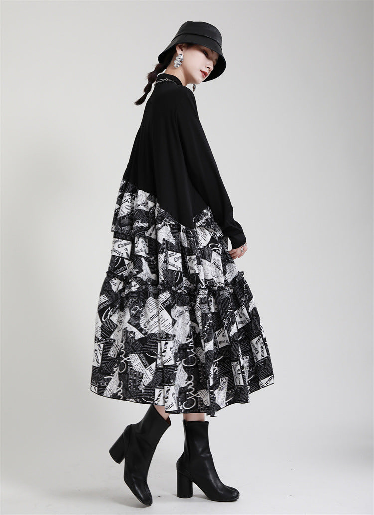 Irregular Splicing Long Sleeve Midi Dress