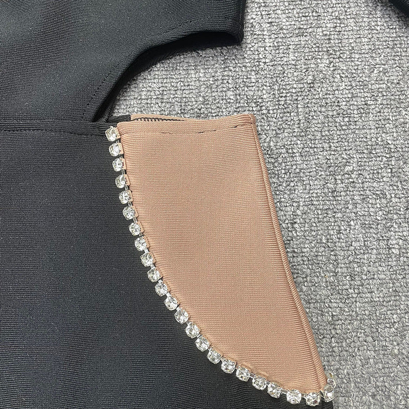 Bandage women's round neck long sleeve sexy cutout diamond color matching tight bandage one-piece dress evening dress