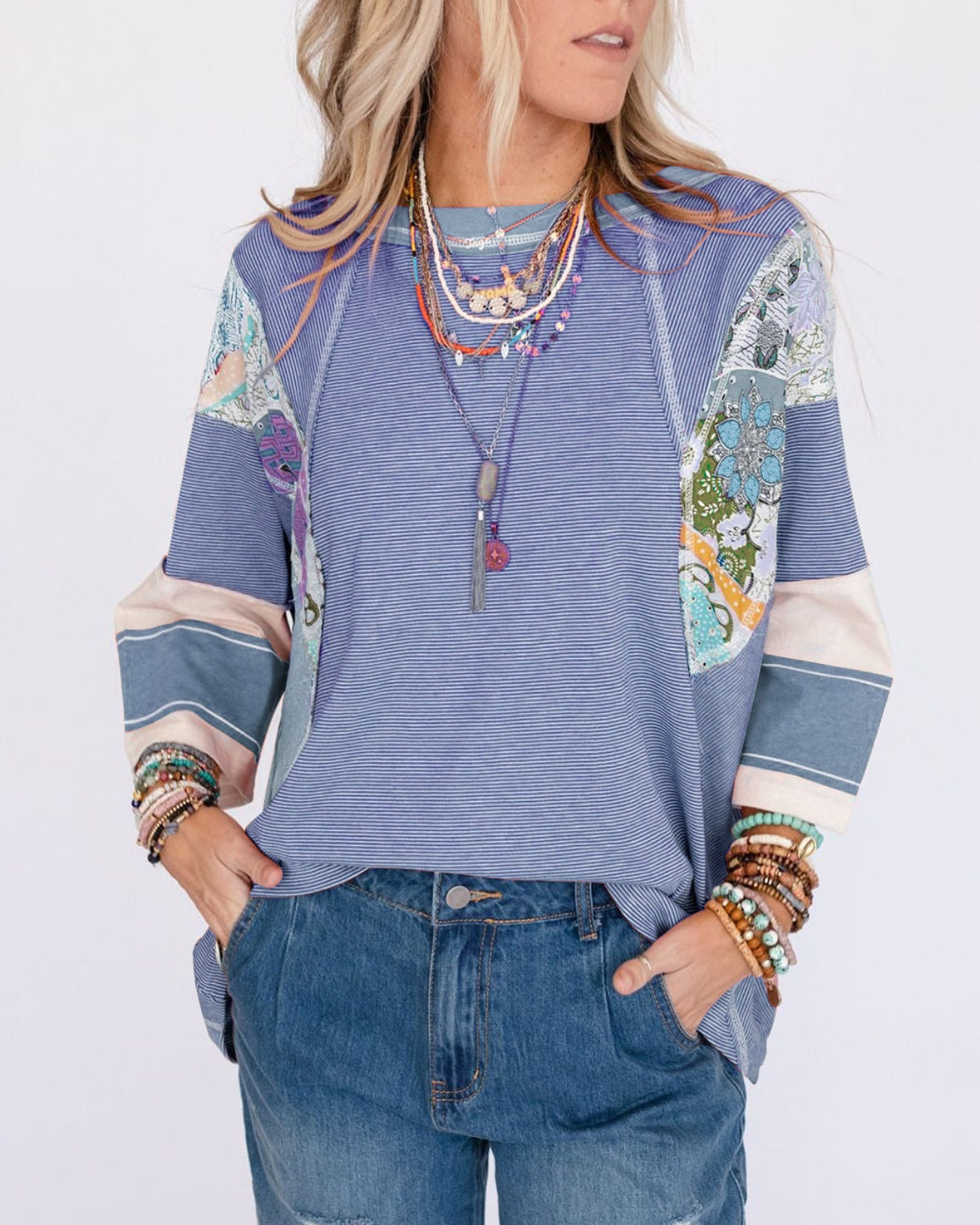 Striped and Floral Patchwork Oversized Top (Buy 2 Free Shipping)