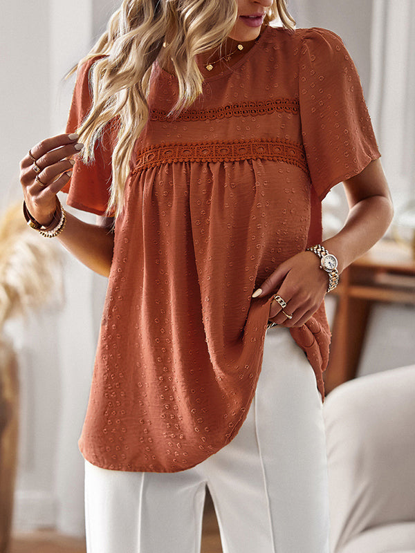 Loose Short Sleeves Hollow Jacquard Pleated Solid Color Split-Joint Round-Neck T-Shirts Tops