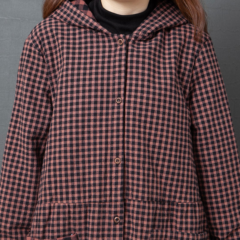 Loose Splicing Hooded Plaid Midi Dress