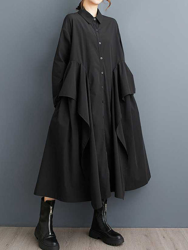 A-Line Long Sleeves Buttoned Pockets Ruffle Trim Solid Color Lapel Midi Dresses