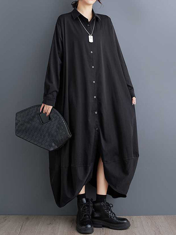 A-Line Long Sleeves Buttoned Pockets Solid Color Split-Joint Lapel Midi Dresses Shirt Dress