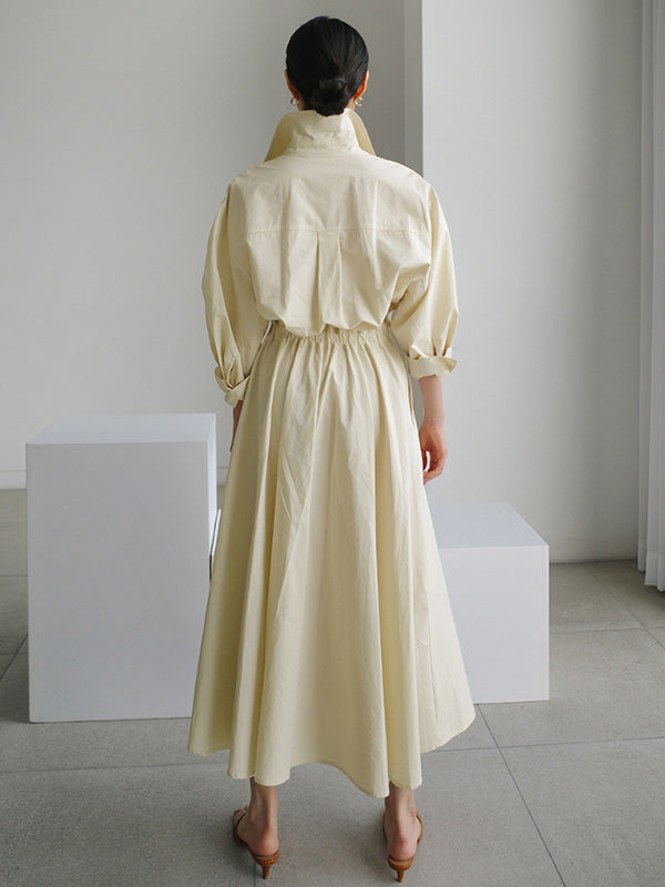 Long Sleeves Loose Buttoned Solid Color Lapel Midi Dresses