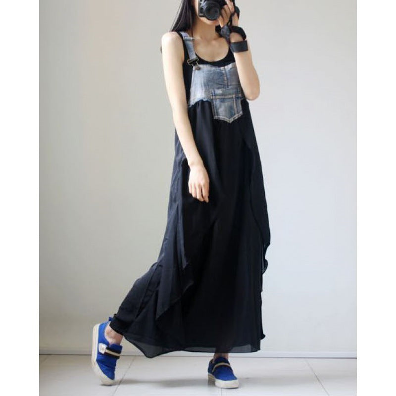 Loose Denim Splicing Suspender Maxi Dress