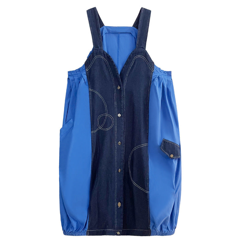 Vintage Splicing Denim Suspender Midi Dress