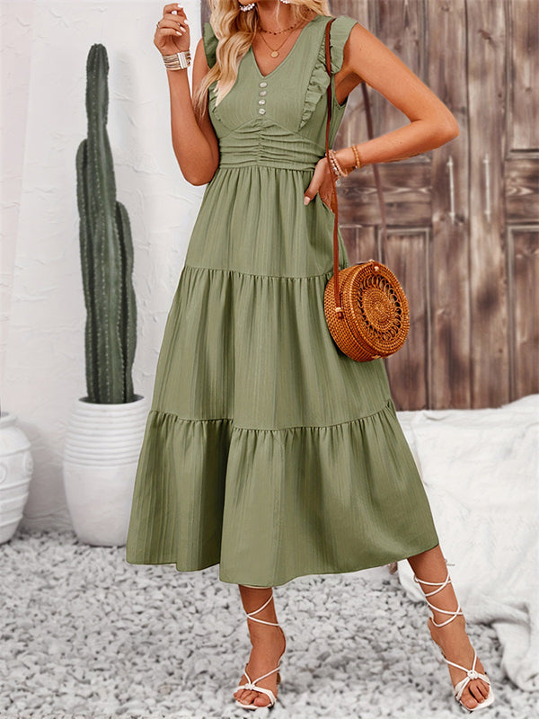 A-Line Pleated Ruffled Solid Color Split-Joint V-Neck Midi Dresses