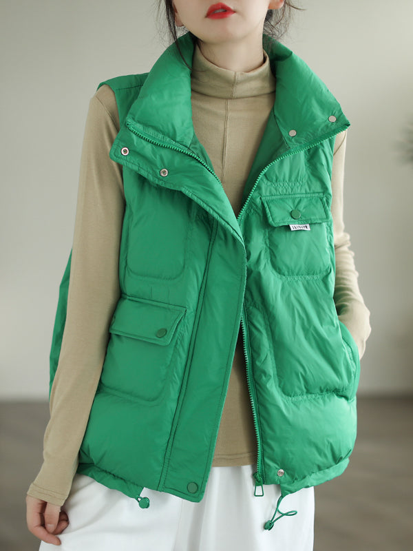 Literary Solid Color Stand Collar  Down Vest Coat