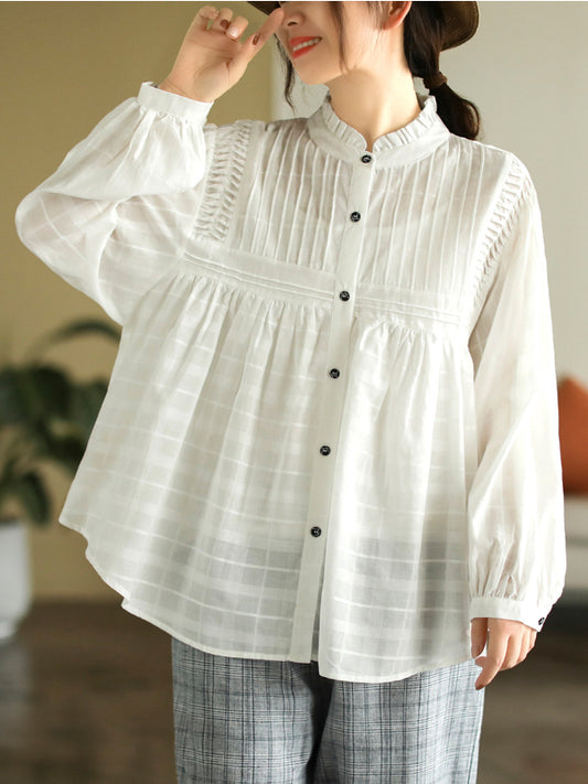 Literary Splicing Bubble Sleeve Cotton Shirt