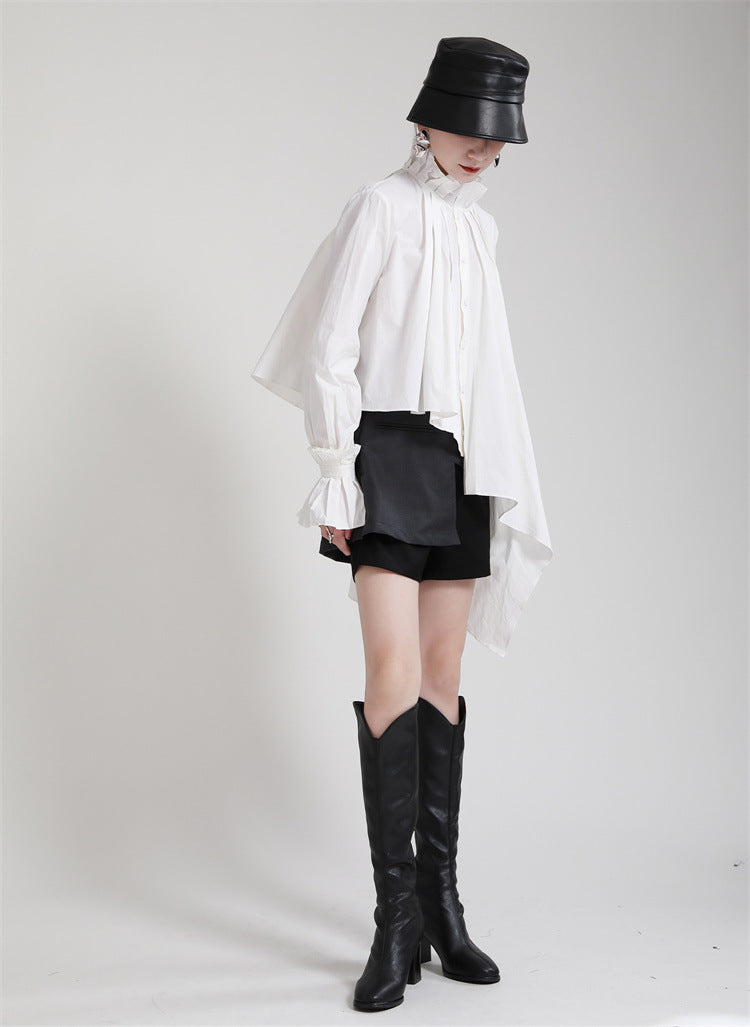 Irregular Solid Color Stand Collar Long Sleeve Shirt