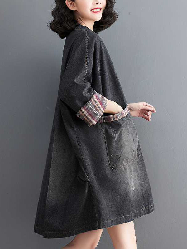 Long Sleeves Loose Buttoned Plaid Pockets Split-Joint V-Neck Denim Outerwear